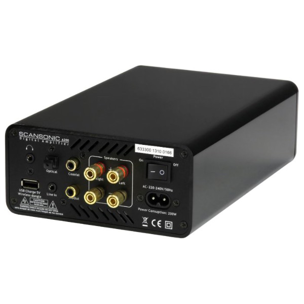 SCANSONIC A200 MINI AMP 2 X 100W BLACK, DAC, optical / coax in, USB charging