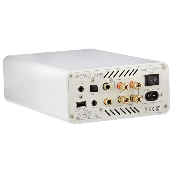 SCANSONIC A200 AMP 2 X 100W WHITE, DAC, optical /coax in, USB charging